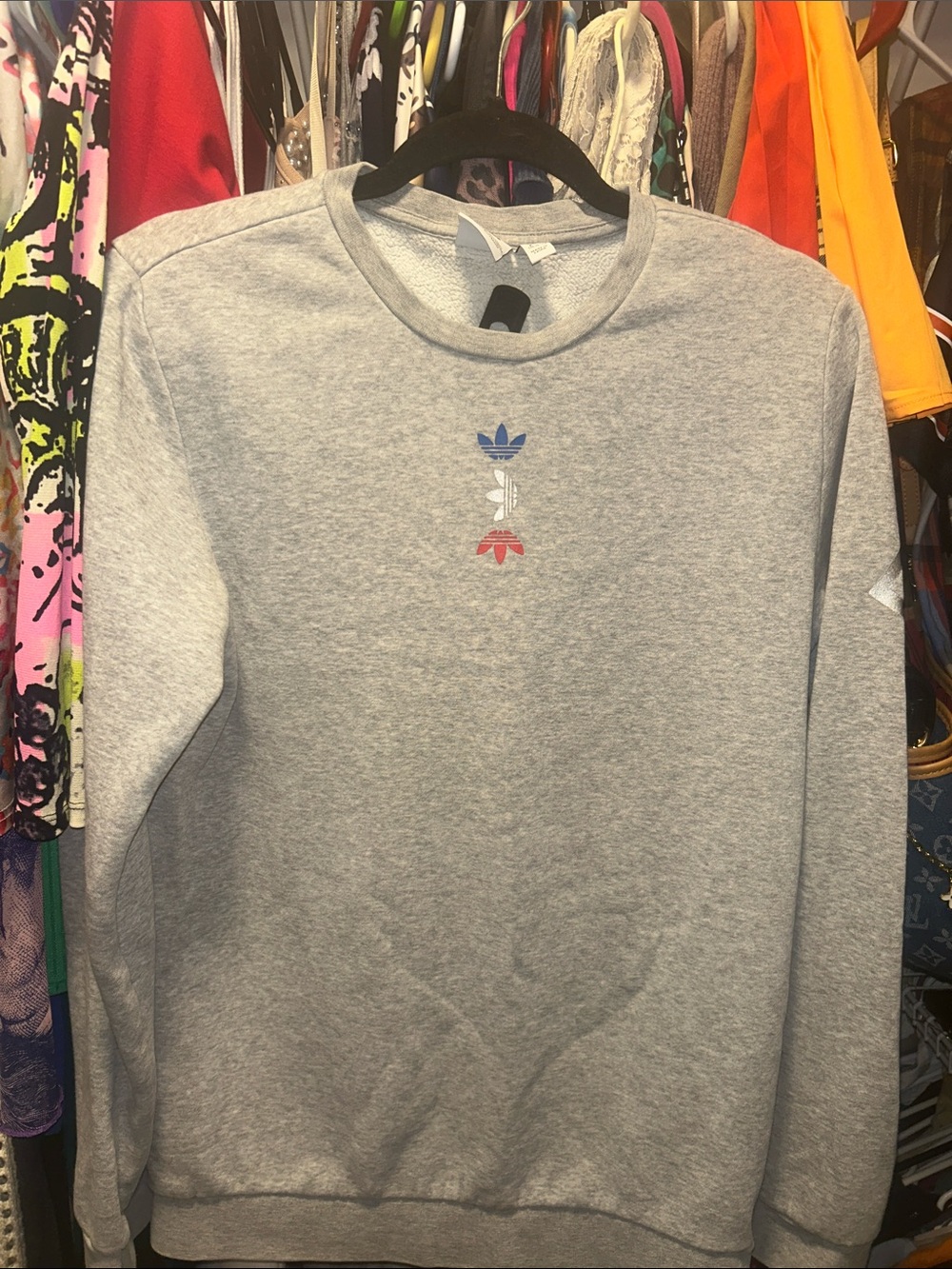 adidas Light Gray Crewneck Sweatshirt with Tricolor Trefoil